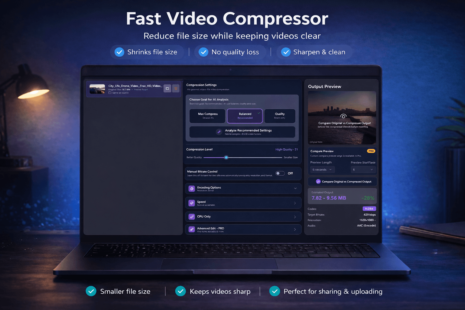 Fast Video Compressor interface preview for the Download for Windows section.