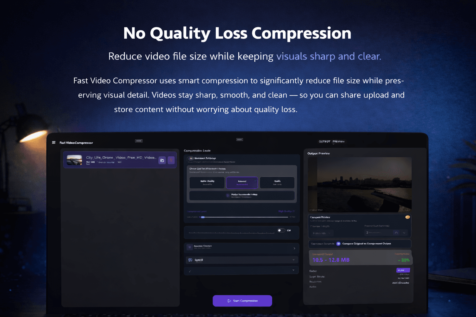 No quality loss compression preview showing clear visuals after major file size reduction.