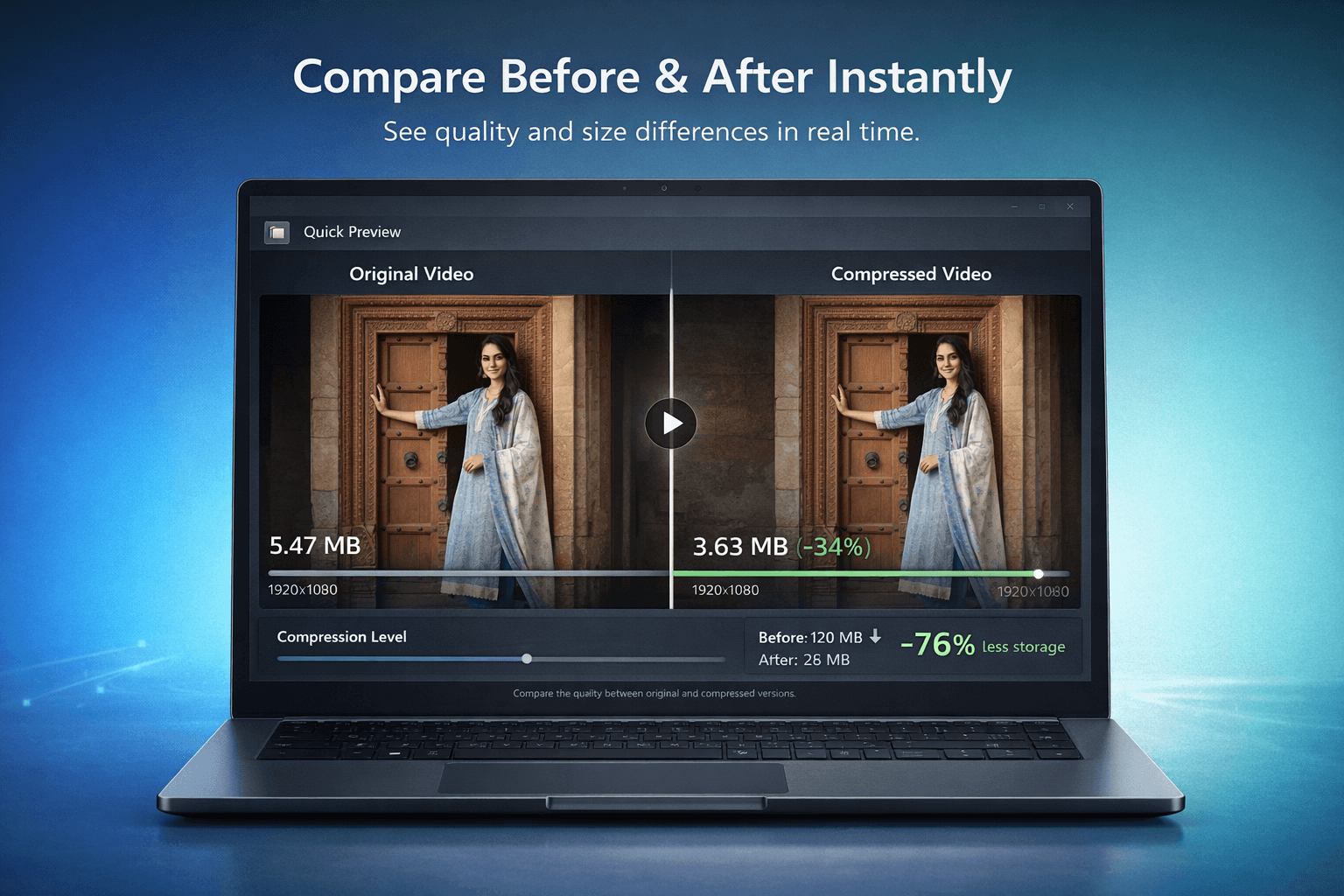 Before-and-after preview screen comparing original and compressed video quality before export.