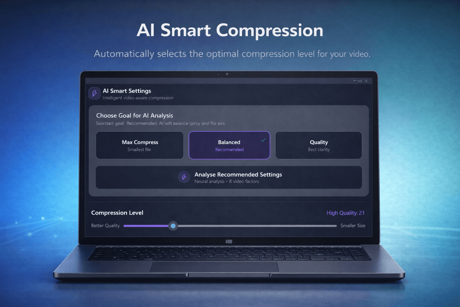 AI Smart Compression screen selecting balanced compression for optimal quality and file size.